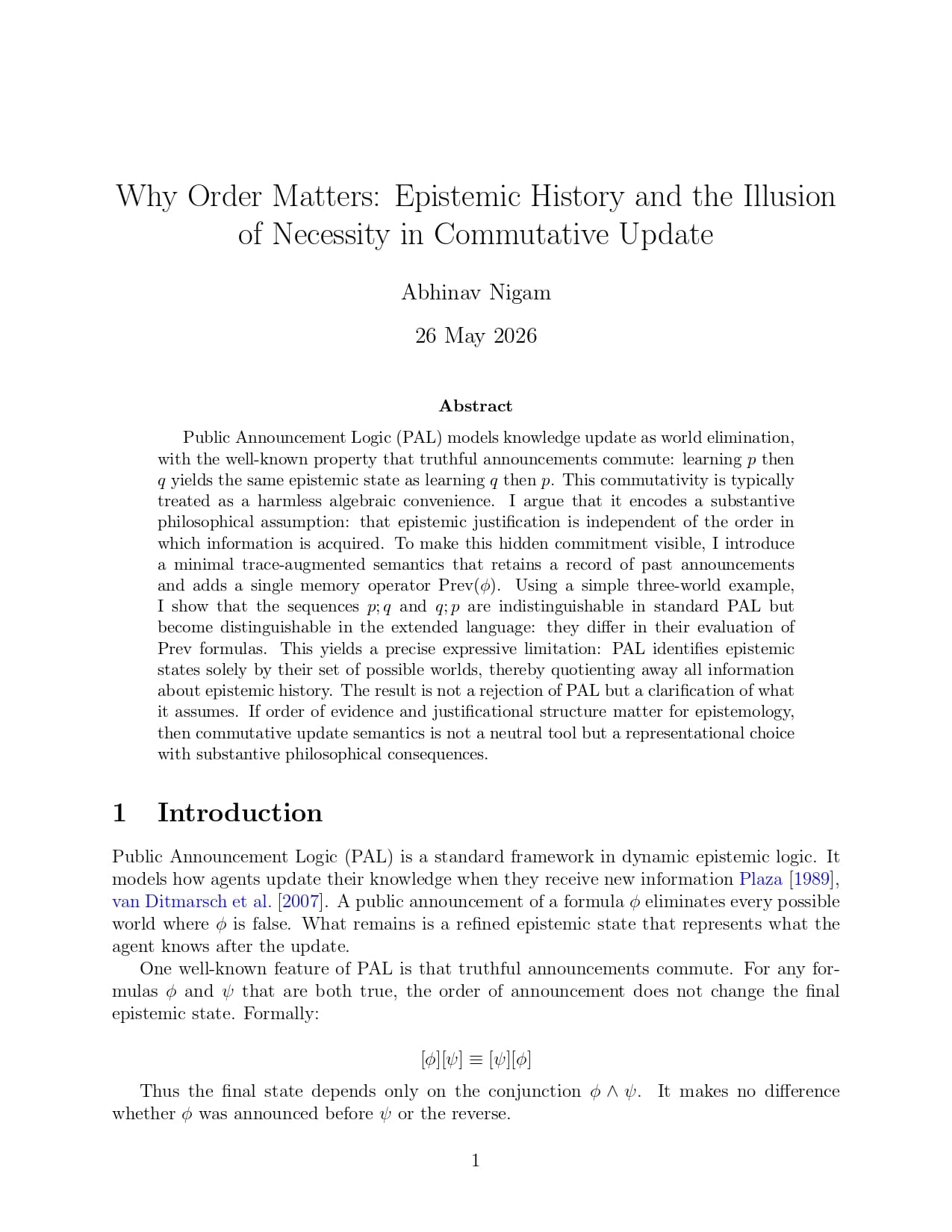 Why Order Matters: Epistemic History and the Illusion of Necessity in Commutative Update